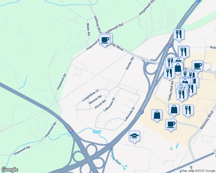 map of restaurants, bars, coffee shops, grocery stores, and more near 11307 Hawthorne Court in Hagerstown