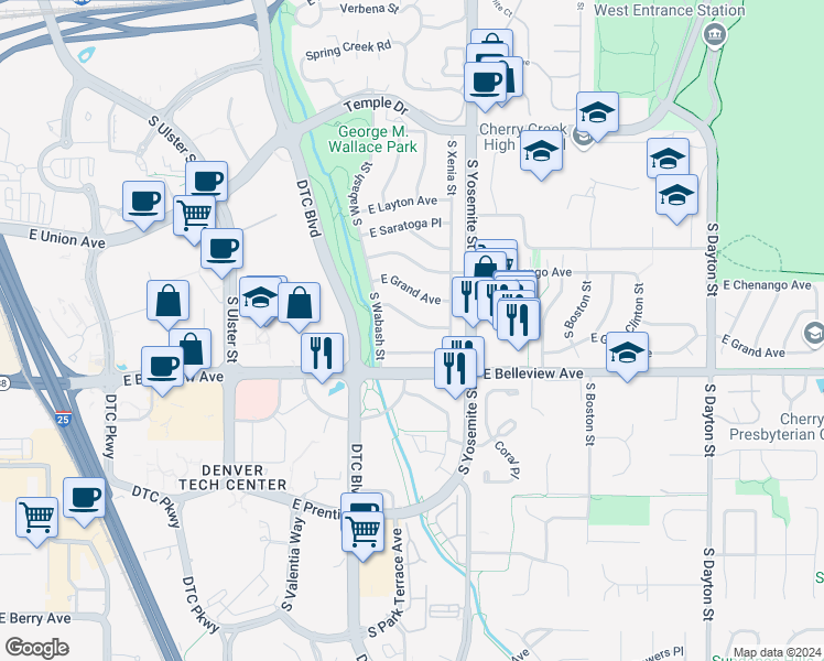map of restaurants, bars, coffee shops, grocery stores, and more near 8664 East Monmouth Place in Denver