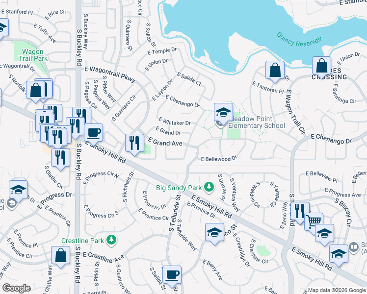 map of restaurants, bars, coffee shops, grocery stores, and more near 17564 East Grand Avenue in Aurora