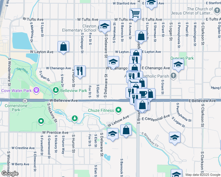 map of restaurants, bars, coffee shops, grocery stores, and more near 5020 South Delaware Street in Englewood