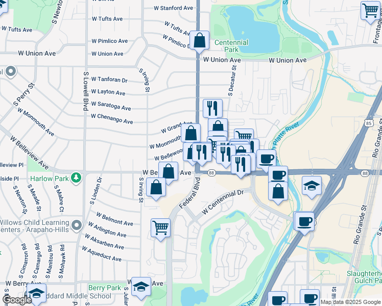 map of restaurants, bars, coffee shops, grocery stores, and more near 5039 South Federal Boulevard in Englewood