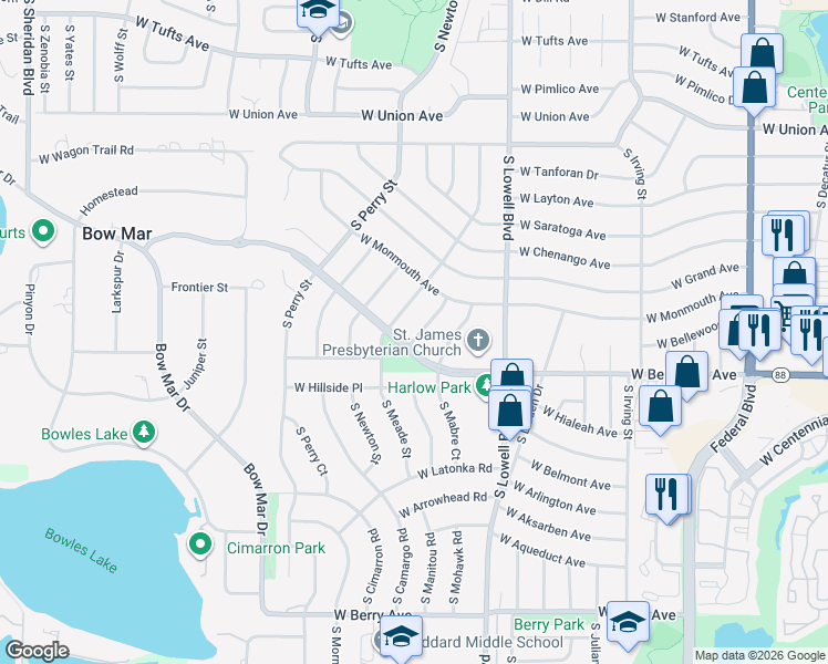 map of restaurants, bars, coffee shops, grocery stores, and more near 5090 South Meade Street in Littleton