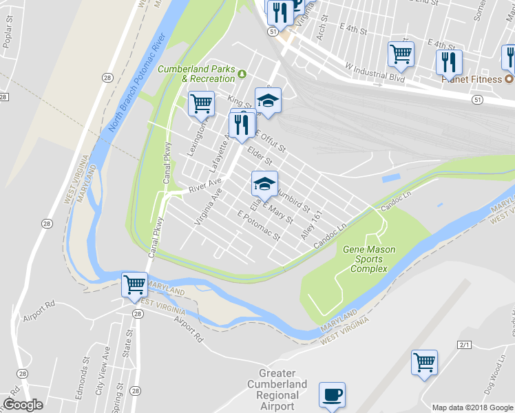 map of restaurants, bars, coffee shops, grocery stores, and more near 101 East Mary Street in Cumberland