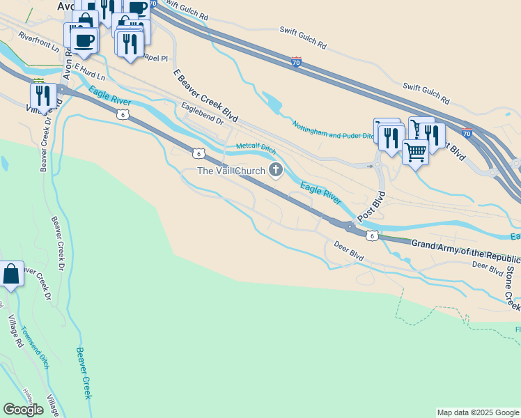 map of restaurants, bars, coffee shops, grocery stores, and more near 1135 Deer Boulevard in Avon