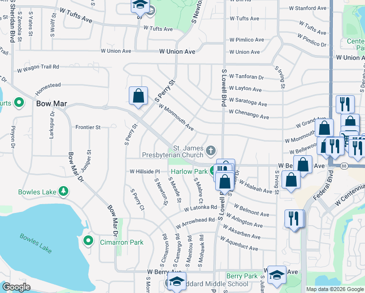 map of restaurants, bars, coffee shops, grocery stores, and more near 5090 South Meade Street in Littleton