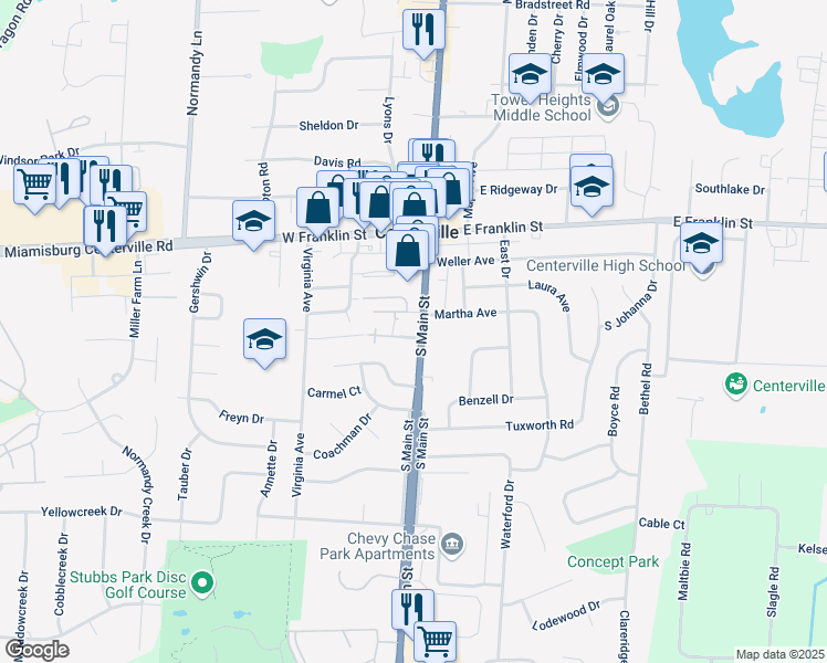 map of restaurants, bars, coffee shops, grocery stores, and more near 100 South Main Street in Centerville