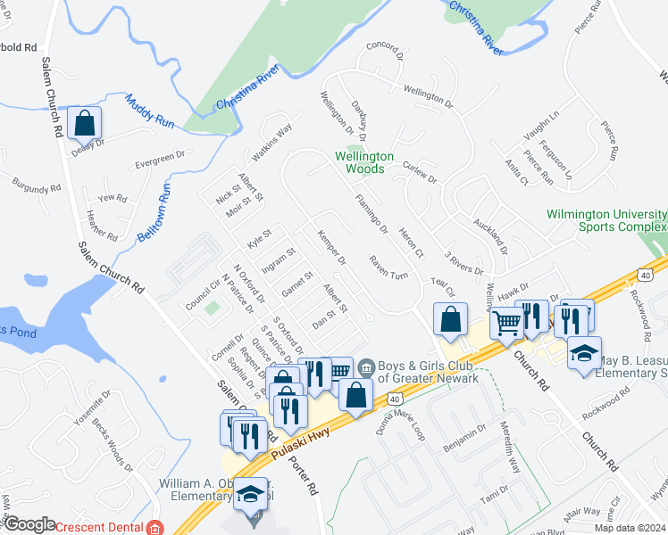 map of restaurants, bars, coffee shops, grocery stores, and more near 28 Egret Court in Newark