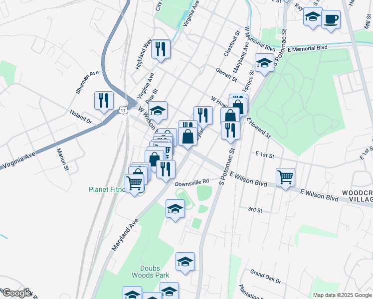 map of restaurants, bars, coffee shops, grocery stores, and more near 225 West Wilson Boulevard in Hagerstown