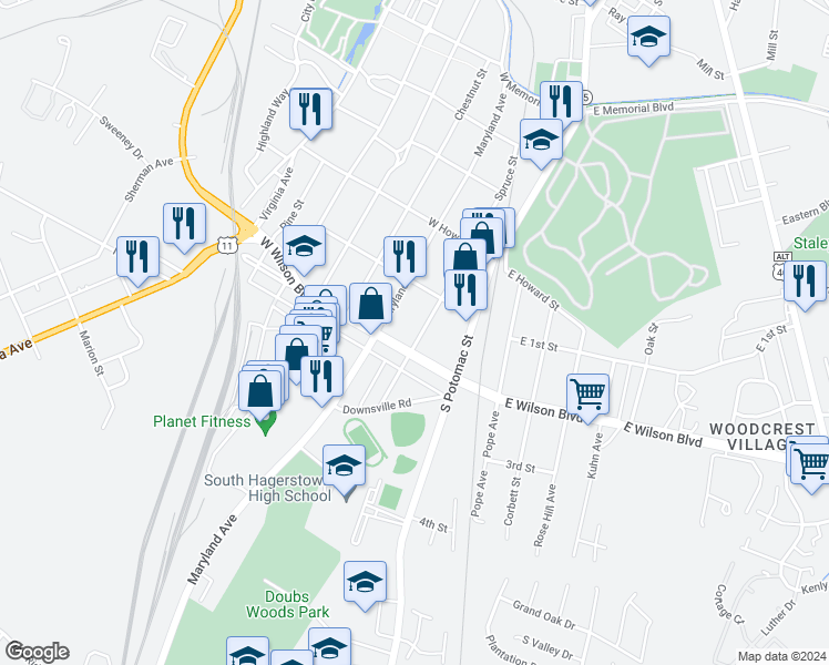 map of restaurants, bars, coffee shops, grocery stores, and more near 937 Spruce Street in Hagerstown