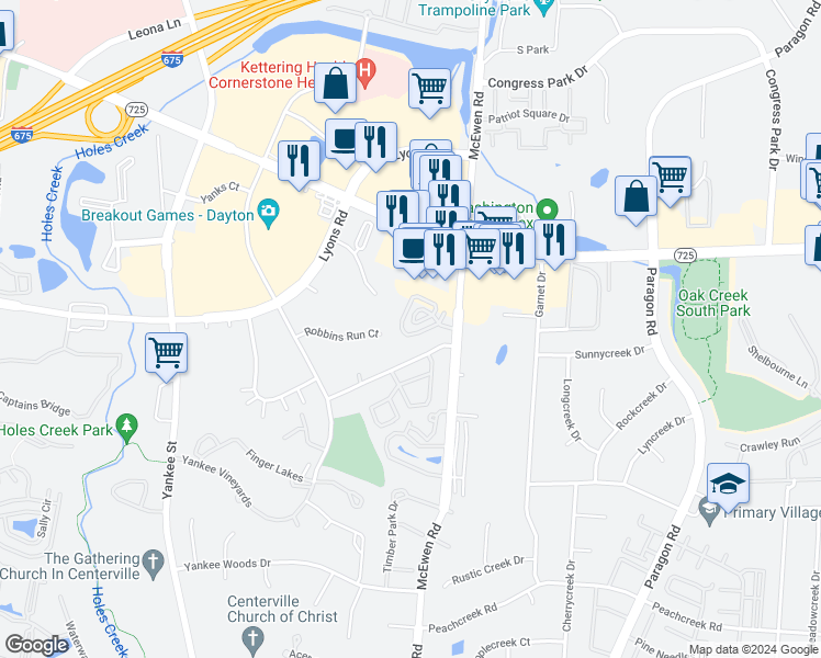 map of restaurants, bars, coffee shops, grocery stores, and more near 1085 Foxshire Place in Dayton