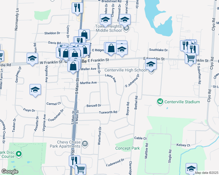 map of restaurants, bars, coffee shops, grocery stores, and more near 145 Martha Avenue in Centerville