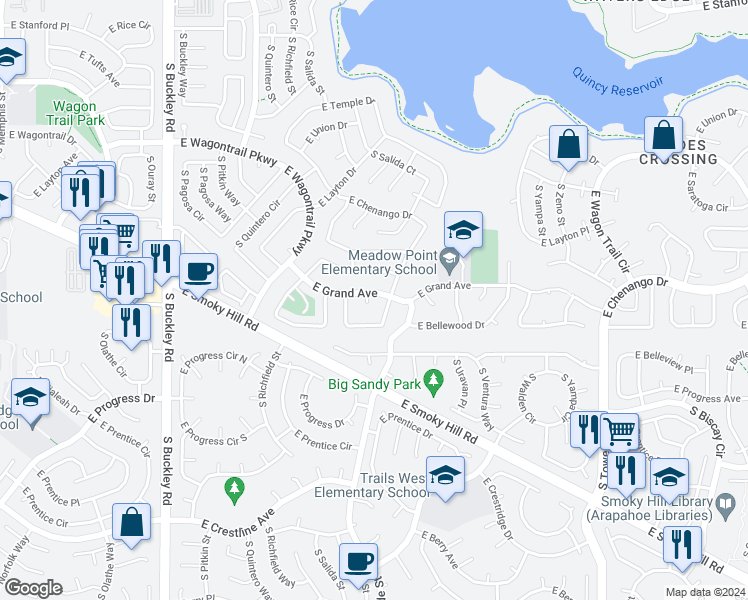 map of restaurants, bars, coffee shops, grocery stores, and more near 17564 East Grand Avenue in Aurora