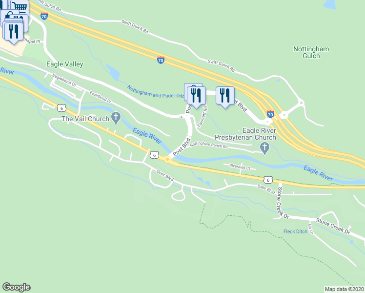 map of restaurants, bars, coffee shops, grocery stores, and more near 268 Nottingham Ranch Road in Avon