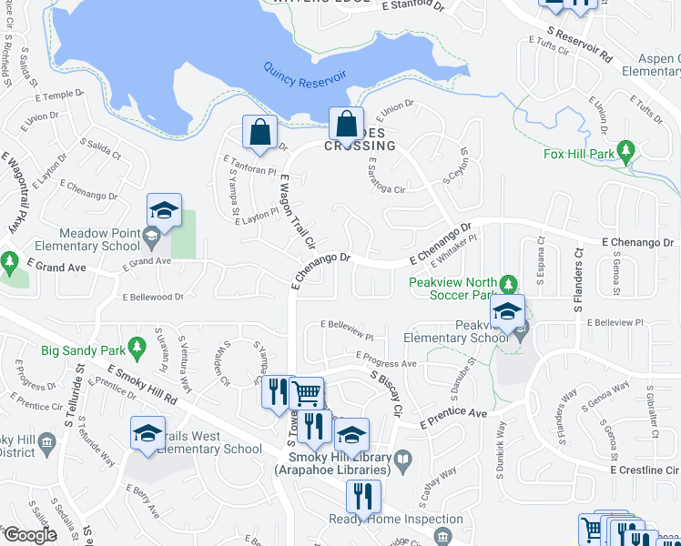 map of restaurants, bars, coffee shops, grocery stores, and more near 18668 East Grand Circle in Aurora