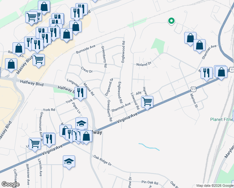 map of restaurants, bars, coffee shops, grocery stores, and more near 11420 Englewood Road in Hagerstown