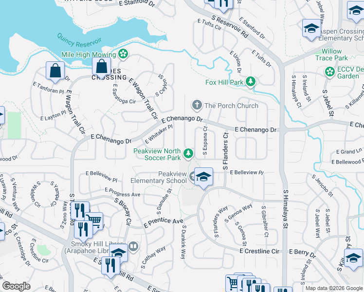 map of restaurants, bars, coffee shops, grocery stores, and more near 5025 South Dunkirk Way in Centennial