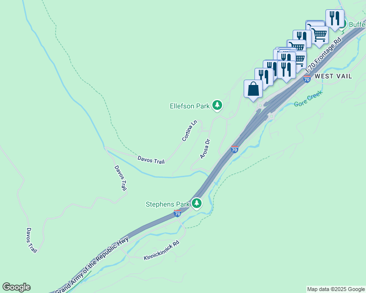 map of restaurants, bars, coffee shops, grocery stores, and more near 2662 Cortina Lane in Vail