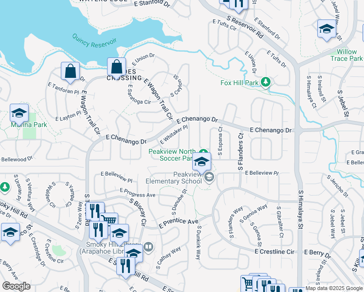 map of restaurants, bars, coffee shops, grocery stores, and more near 19128 East Grand Circle in Aurora
