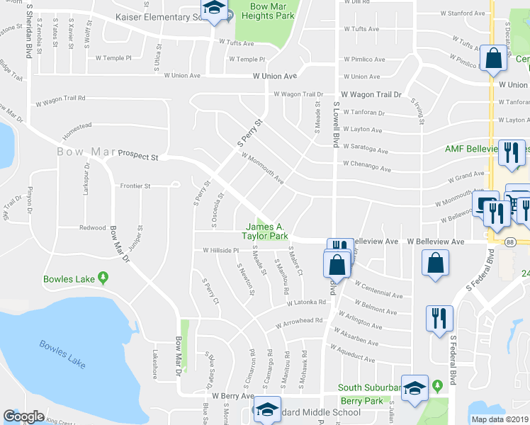 map of restaurants, bars, coffee shops, grocery stores, and more near 5090 South Meade Street in Littleton