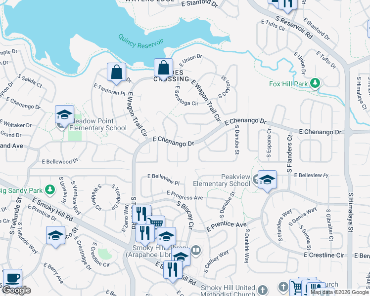 map of restaurants, bars, coffee shops, grocery stores, and more near 4910 South Bahama Court in Aurora