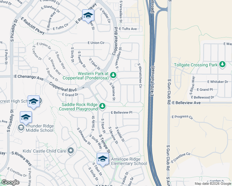 map of restaurants, bars, coffee shops, grocery stores, and more near 5030 South Ukraine Street in Aurora