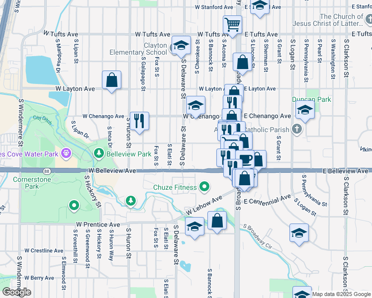 map of restaurants, bars, coffee shops, grocery stores, and more near 5020 South Delaware Street in Englewood