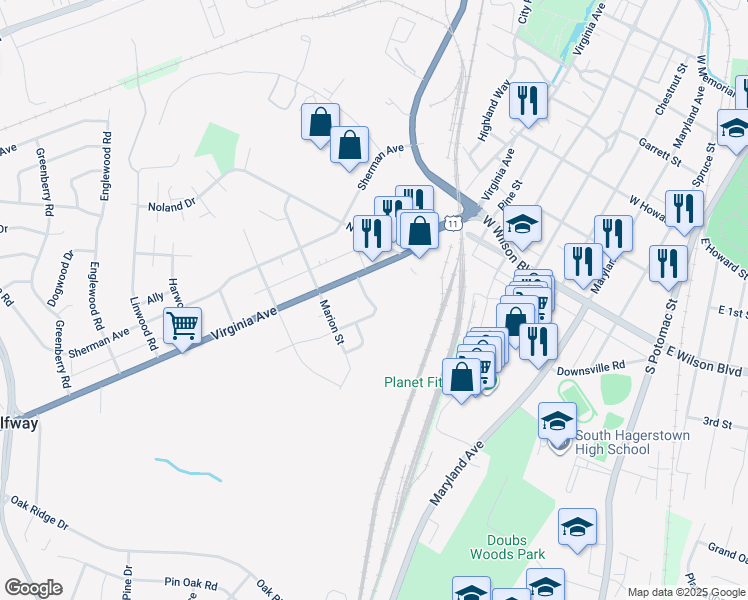 map of restaurants, bars, coffee shops, grocery stores, and more near 3 Moller Avenue in Hagerstown