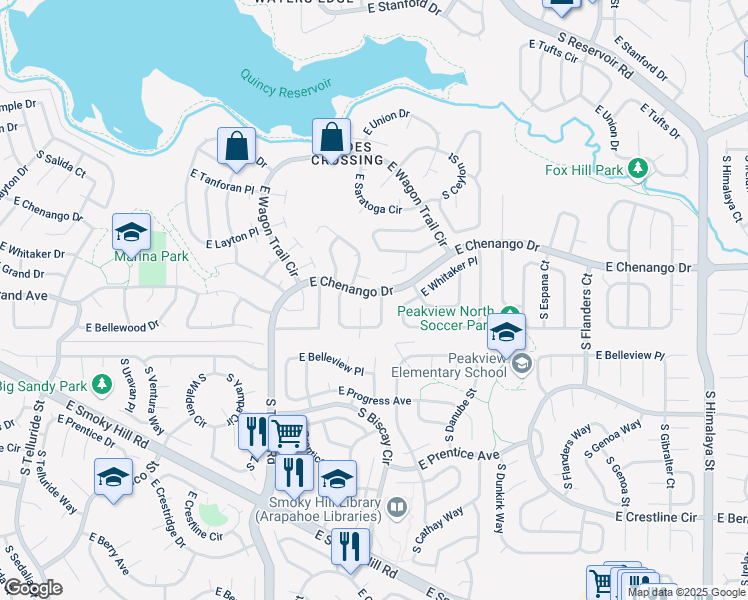 map of restaurants, bars, coffee shops, grocery stores, and more near 4910 South Bahama Court in Aurora