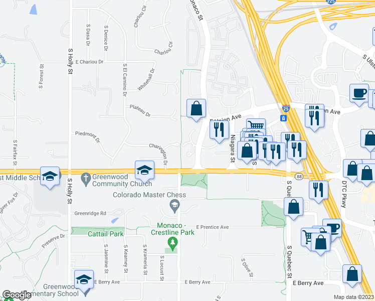 map of restaurants, bars, coffee shops, grocery stores, and more near 4901 South Monaco Street in Denver