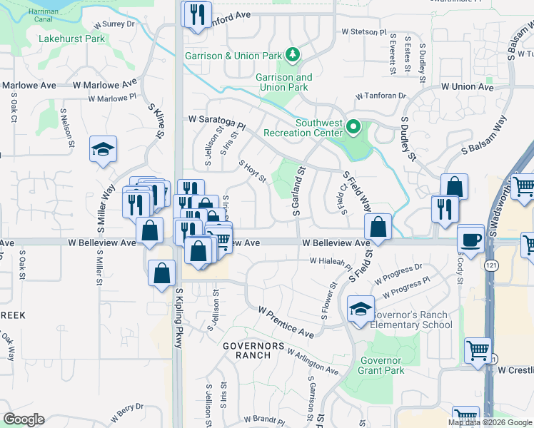 map of restaurants, bars, coffee shops, grocery stores, and more near 5028 South Independence Way in Littleton
