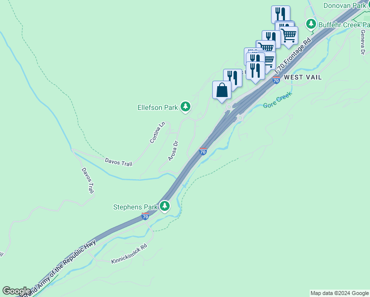 map of restaurants, bars, coffee shops, grocery stores, and more near 2489 Chamonix Lane in Vail