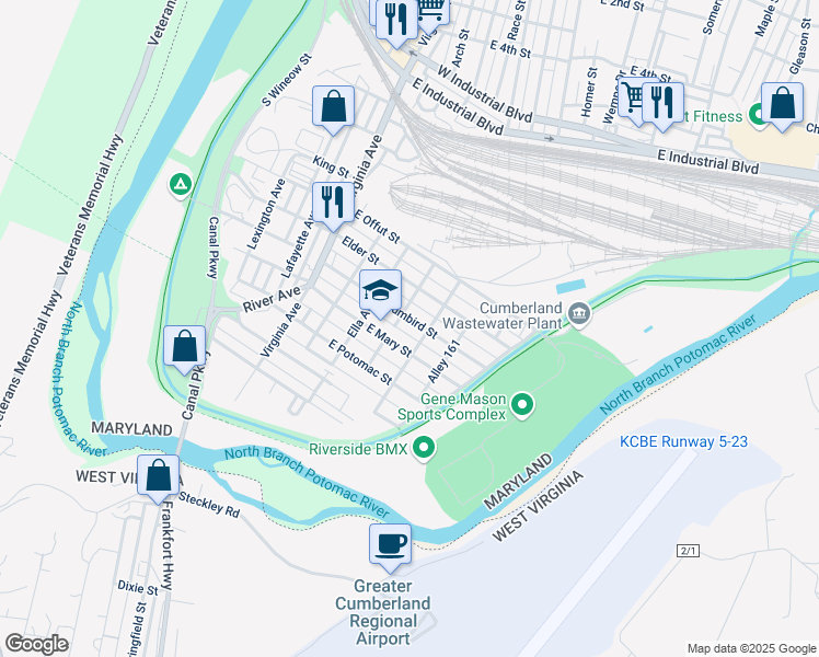 map of restaurants, bars, coffee shops, grocery stores, and more near 127 Humbird Street in Cumberland