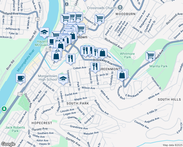 map of restaurants, bars, coffee shops, grocery stores, and more near 247 Long Alley in Morgantown