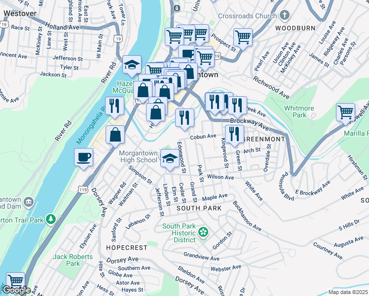 map of restaurants, bars, coffee shops, grocery stores, and more near 219-227 Edgewood St in Morgantown