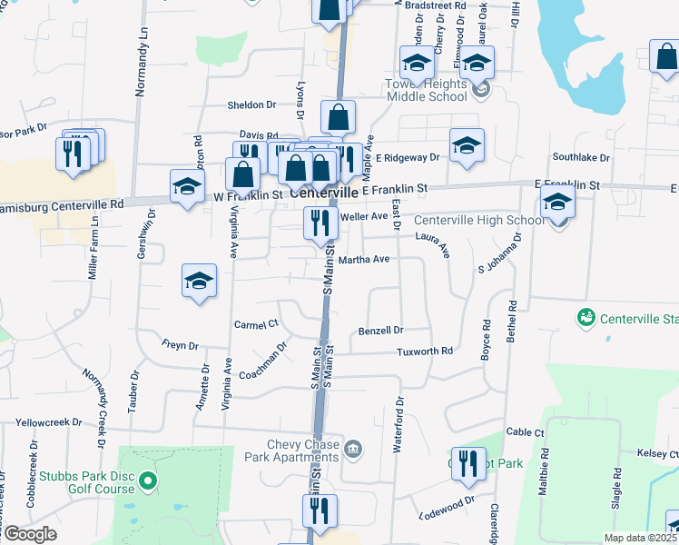 map of restaurants, bars, coffee shops, grocery stores, and more near 100 South Main Street in Centerville