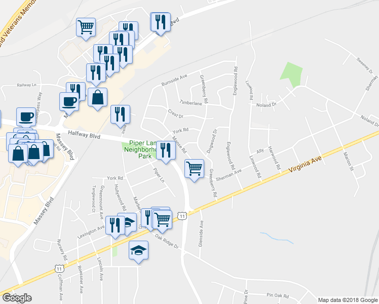 map of restaurants, bars, coffee shops, grocery stores, and more near 11325 Manse Road in Hagerstown