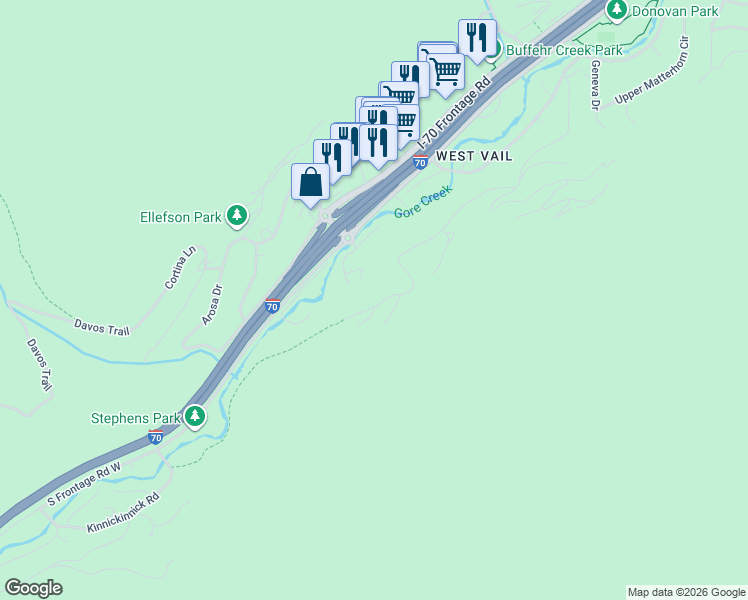 map of restaurants, bars, coffee shops, grocery stores, and more near 2115 Vermont Rd in Vail