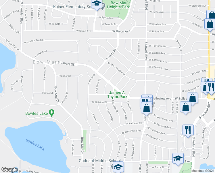 map of restaurants, bars, coffee shops, grocery stores, and more near 5112 South Newton Street in Littleton