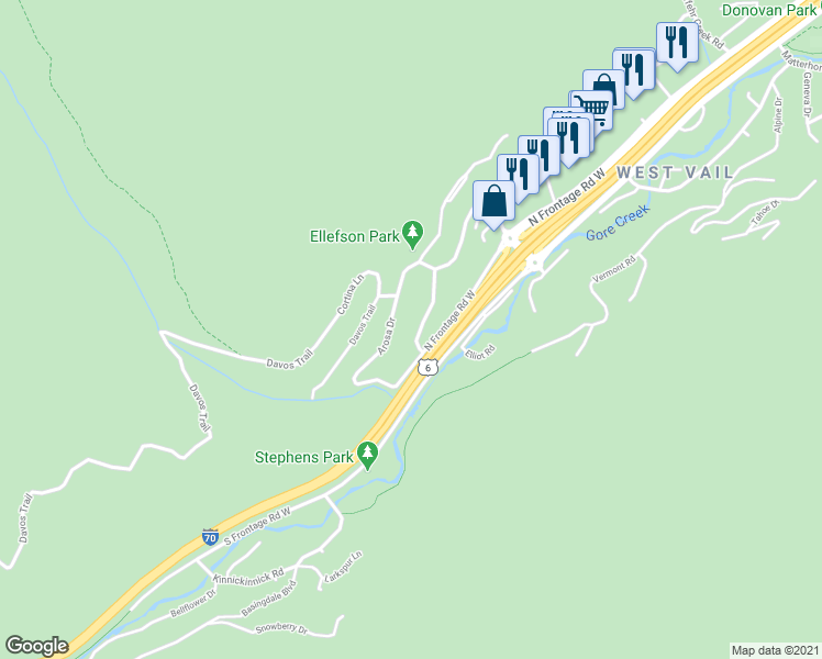 map of restaurants, bars, coffee shops, grocery stores, and more near 2489 Chamonix Lane in Vail