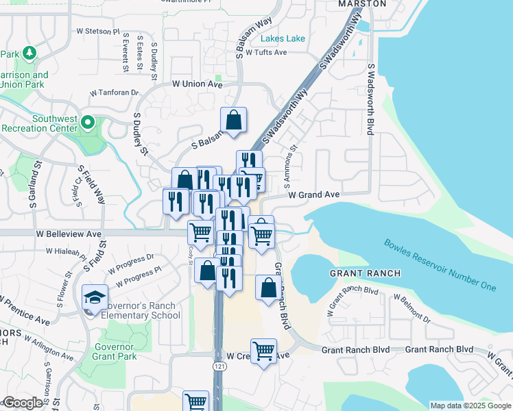 map of restaurants, bars, coffee shops, grocery stores, and more near 120 Balsam Street in Lakewood