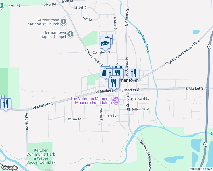 map of restaurants, bars, coffee shops, grocery stores, and more near 29 North Plum Street in Germantown