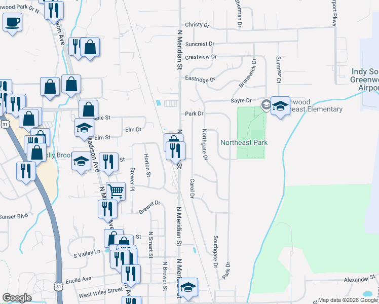 map of restaurants, bars, coffee shops, grocery stores, and more near 587 North Meridian Street in Greenwood