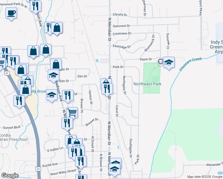 map of restaurants, bars, coffee shops, grocery stores, and more near 587 North Meridian Street in Greenwood