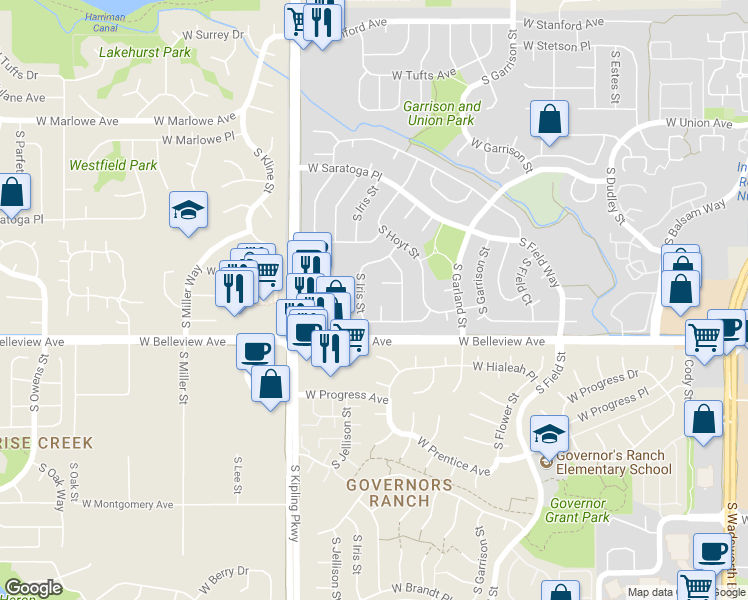 map of restaurants, bars, coffee shops, grocery stores, and more near 5011 South Independence Court in Littleton