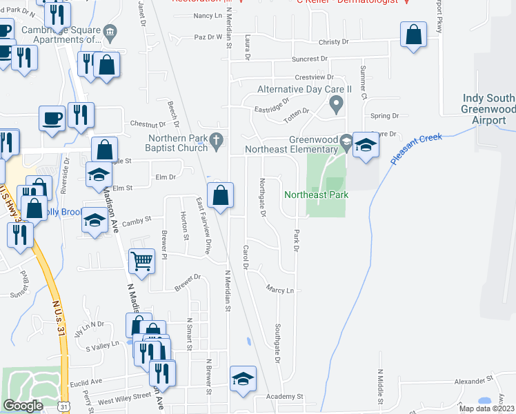 map of restaurants, bars, coffee shops, grocery stores, and more near 530 Northgate Drive in Greenwood
