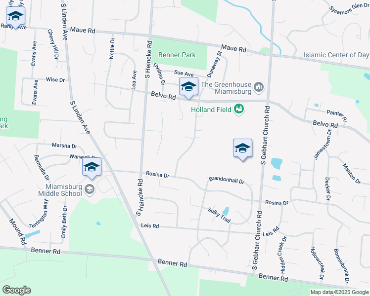 map of restaurants, bars, coffee shops, grocery stores, and more near 1117 Dunaway Street in Miamisburg