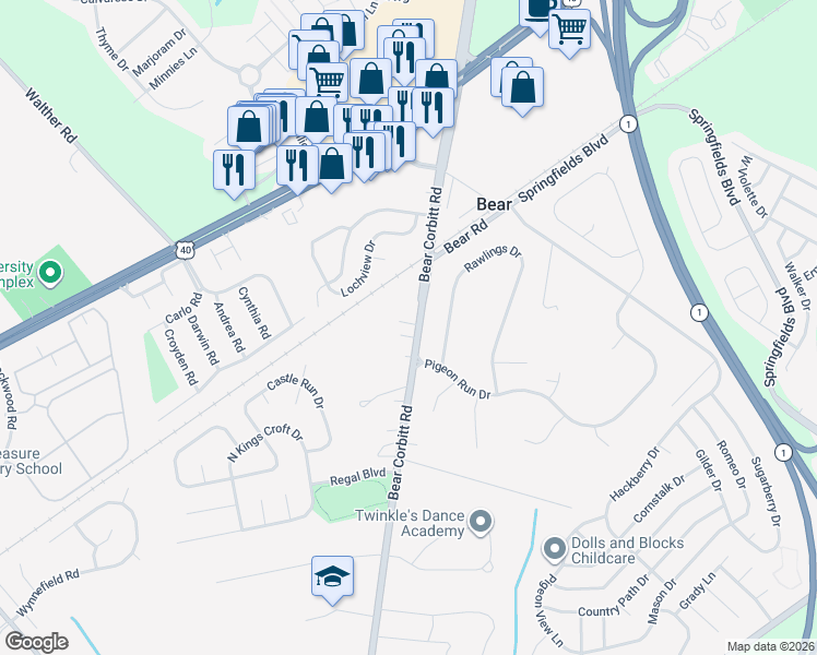 map of restaurants, bars, coffee shops, grocery stores, and more near 1158 Bear Corbitt Road in Bear