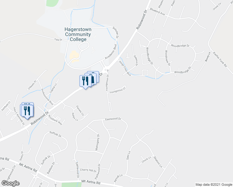 map of restaurants, bars, coffee shops, grocery stores, and more near 20313 Youngstoun Court in Hagerstown
