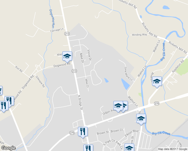 map of restaurants, bars, coffee shops, grocery stores, and more near 33 Jesse Boyd Circle in Elkton
