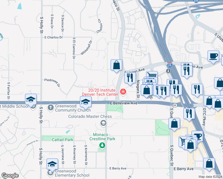 map of restaurants, bars, coffee shops, grocery stores, and more near 4901 South Monaco Street in Denver